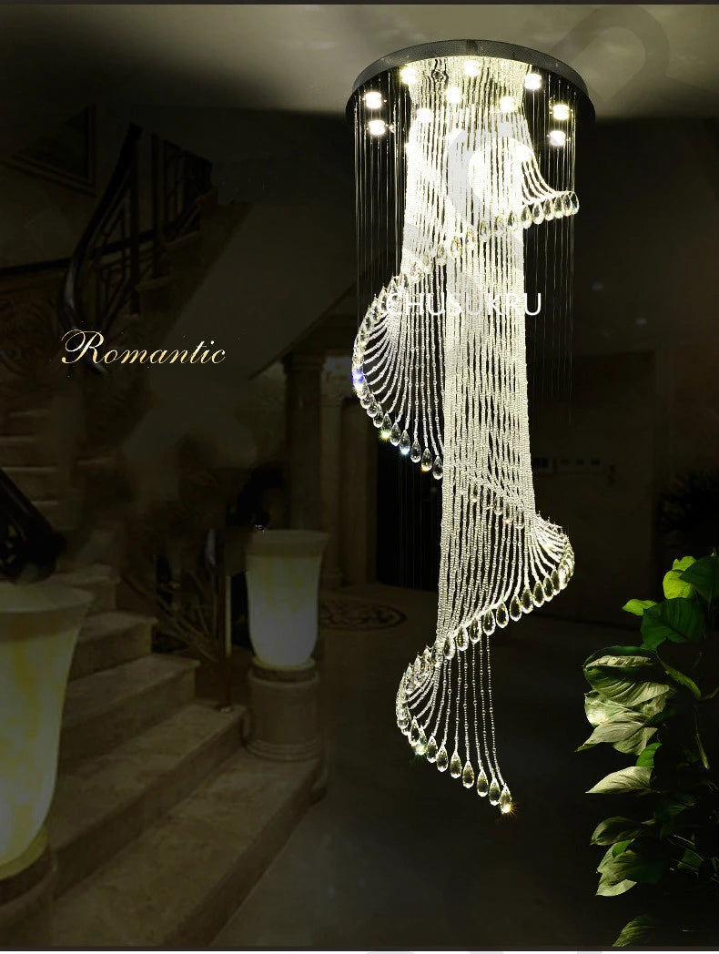 New Round Duplex Staircase Rotating Chandelier Modern Minimalist Villa Luxury Hotel Hollowed Out Long Crystal Lamp