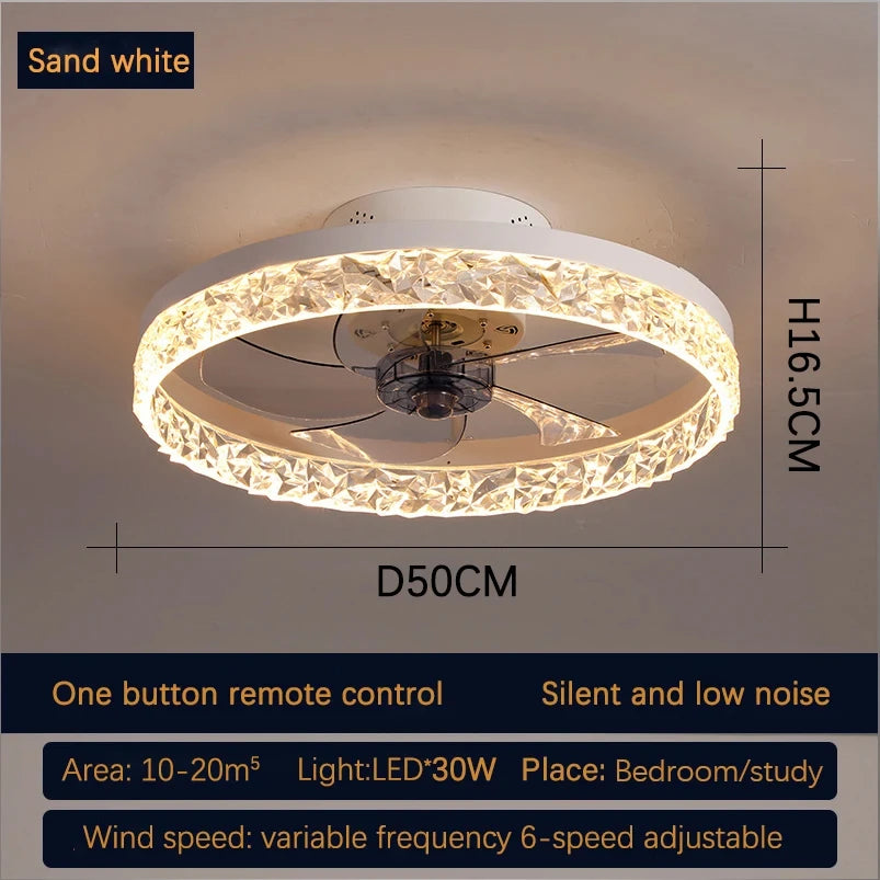 Modern Crystal Led Ceiling Fan Low Noise Lamps for Living Dining Table Room Bedroom Home Decoration Remote Control Light Fixture