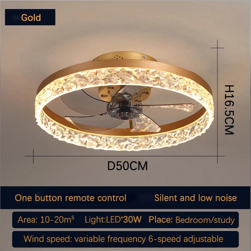 Modern Crystal Led Ceiling Fan Low Noise Lamps for Living Dining Table Room Bedroom Home Decoration Remote Control Light Fixture