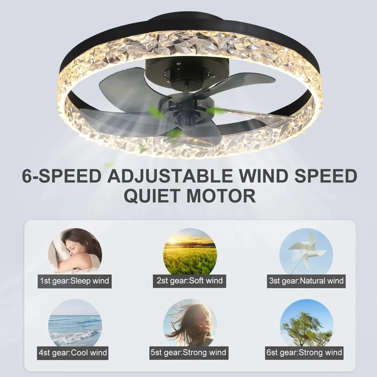 Modern Crystal Led Ceiling Fan Low Noise Lamps for Living Dining Table Room Bedroom Home Decoration Remote Control Light Fixture