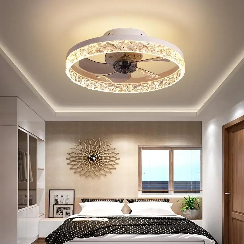 Modern Crystal Led Ceiling Fan Low Noise Lamps for Living Dining Table Room Bedroom Home Decoration Remote Control Light Fixture