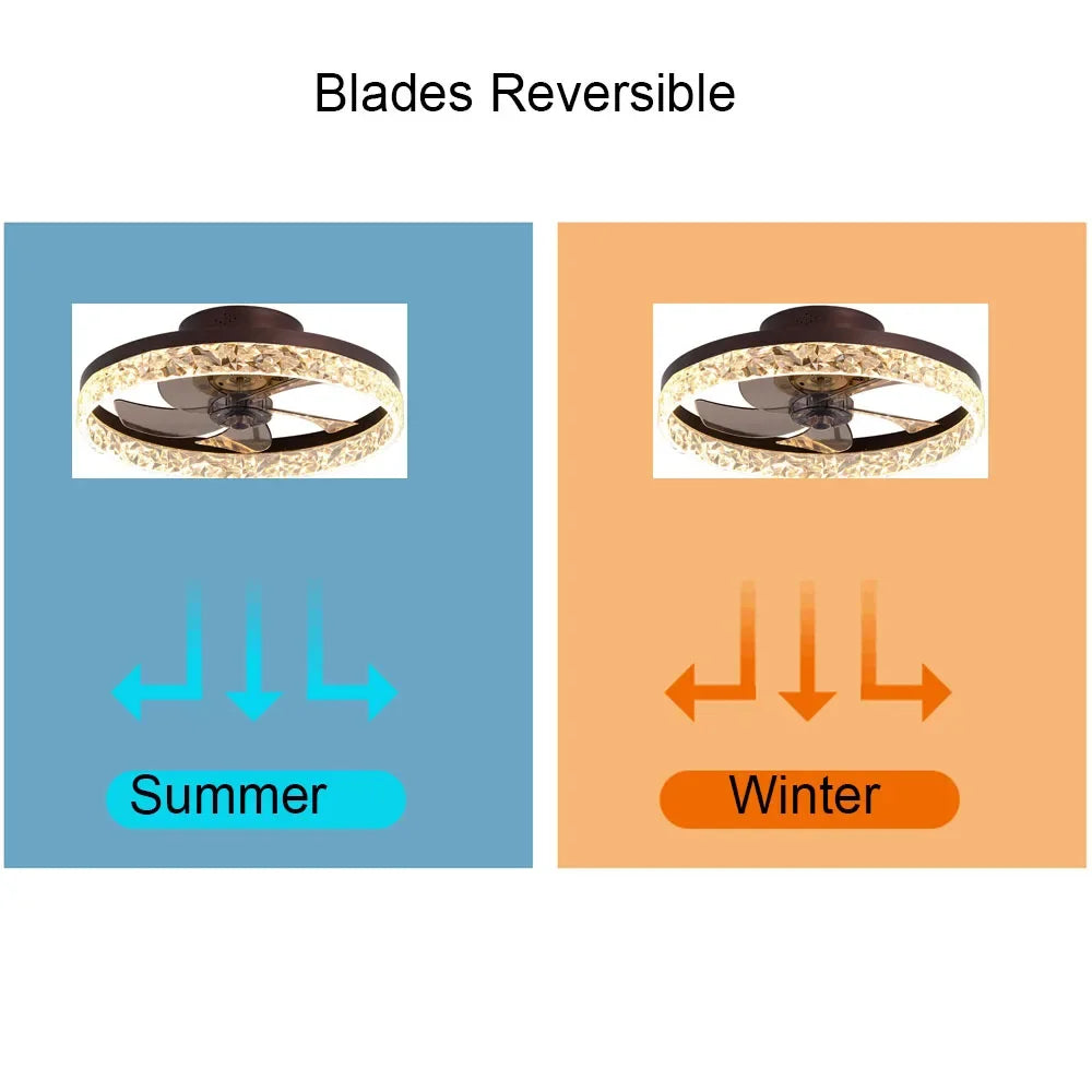 Modern Crystal Led Ceiling Fan Low Noise Lamps for Living Dining Table Room Bedroom Home Decoration Remote Control Light Fixture