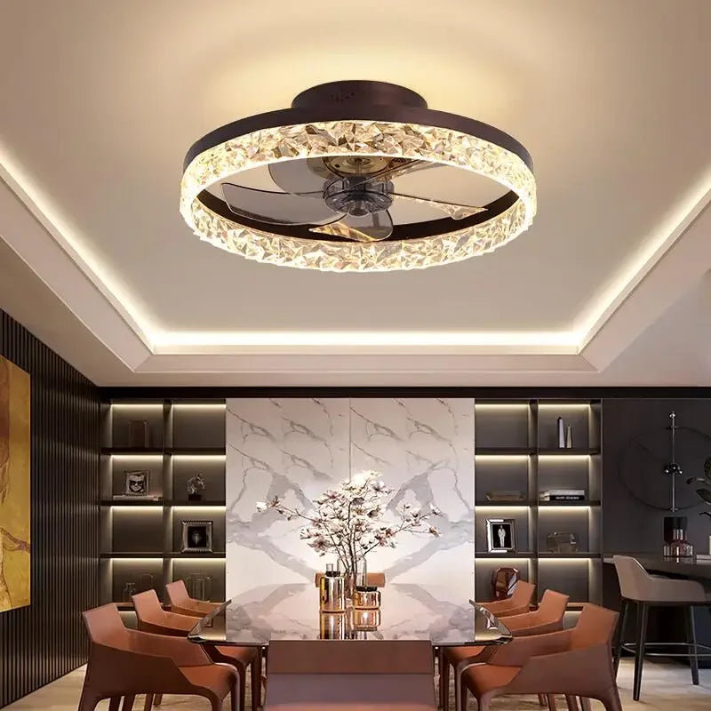 Modern Crystal Led Ceiling Fan Low Noise Lamps for Living Dining Table Room Bedroom Home Decoration Remote Control Light Fixture