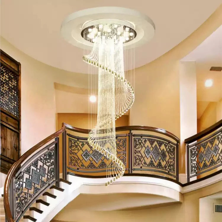 New Round Duplex Staircase Rotating Chandelier Modern Minimalist Villa Luxury Hotel Hollowed Out Long Crystal Lamp