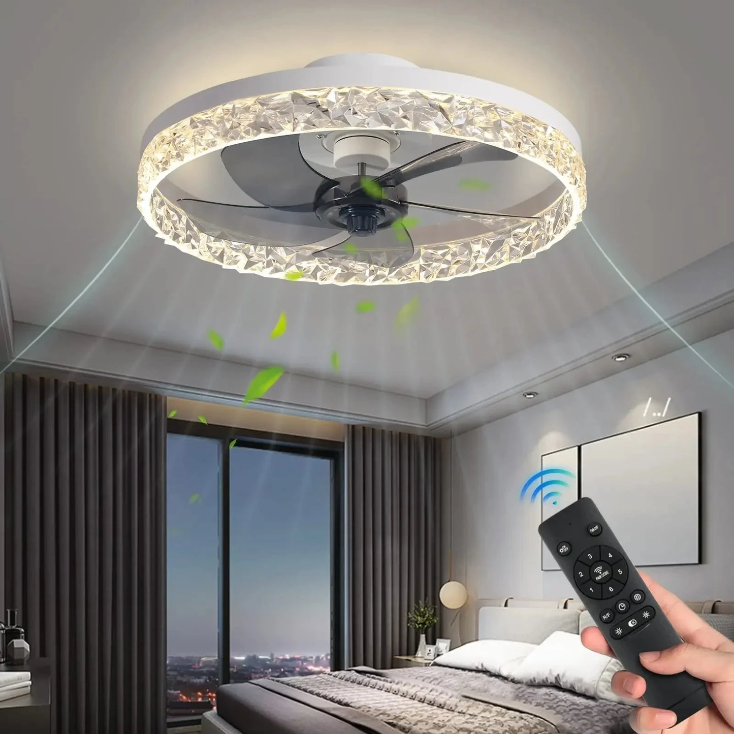 Modern Crystal Led Ceiling Fan Low Noise Lamps for Living Dining Table Room Bedroom Home Decoration Remote Control Light Fixture
