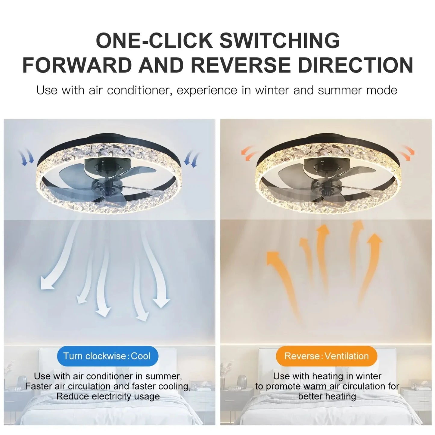 Modern Crystal Led Ceiling Fan Low Noise Lamps for Living Dining Table Room Bedroom Home Decoration Remote Control Light Fixture