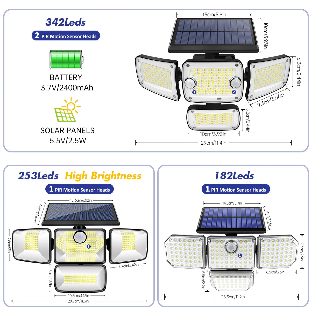 Outdoor Solar Lights Solar Motion Sensor Lights 342/253/182 LED Security Solar Wall Lamp With 3 Modes Waterproof Flood Lights