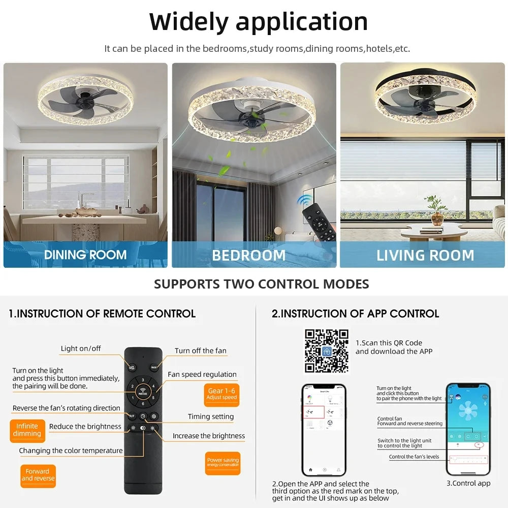 Modern Crystal Led Ceiling Fan Low Noise Lamps for Living Dining Table Room Bedroom Home Decoration Remote Control Light Fixture