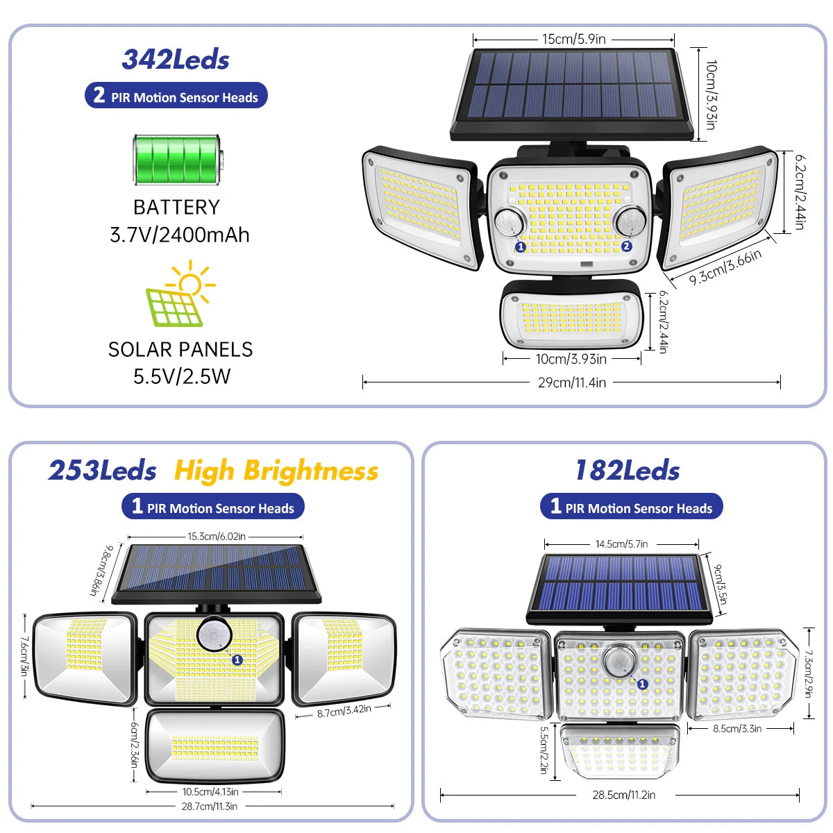 Outdoor Solar Lights Solar Motion Sensor Lights 342/253/182 LED Security Solar Wall Lamp With 3 Modes Waterproof Flood Lights