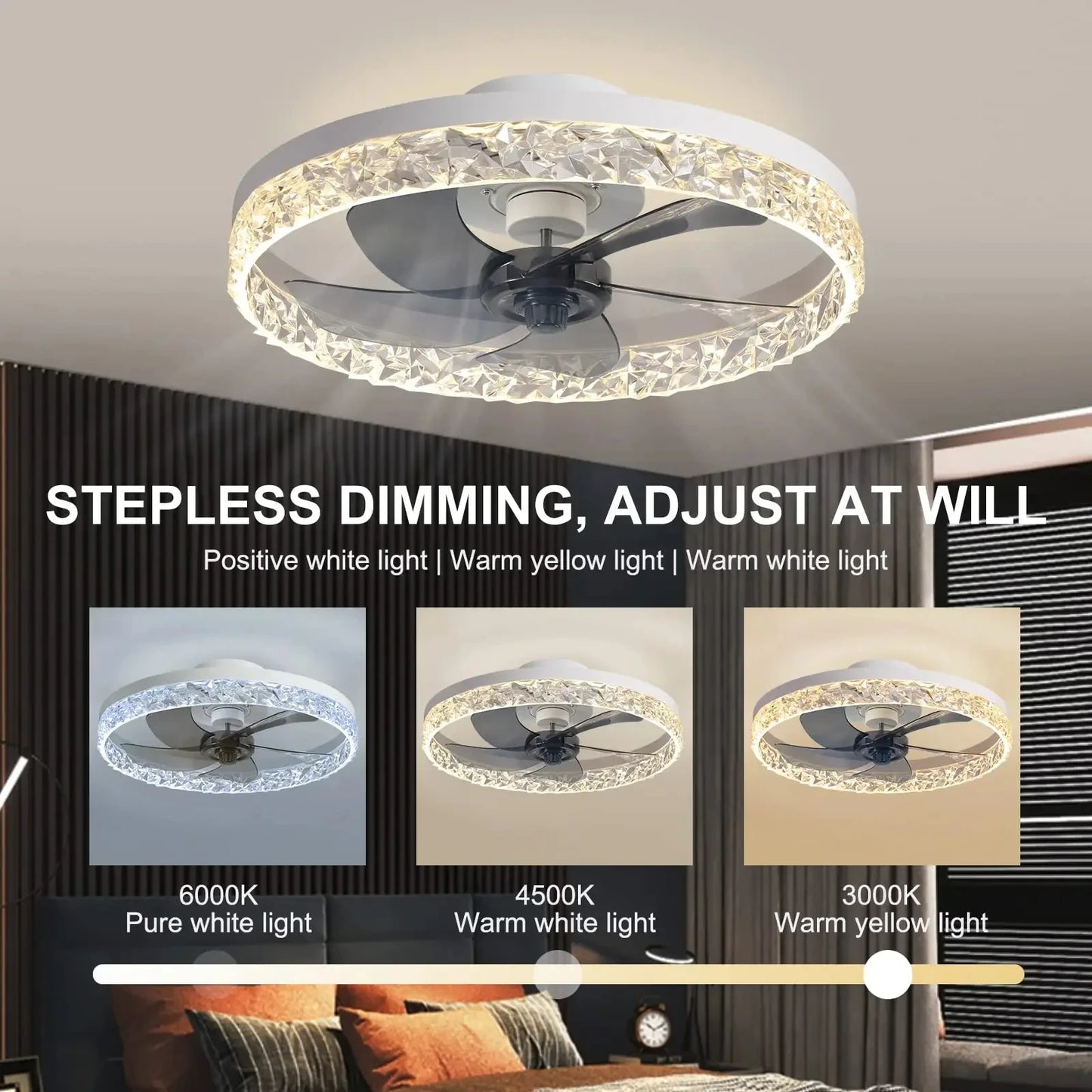 Modern Crystal Led Ceiling Fan Low Noise Lamps for Living Dining Table Room Bedroom Home Decoration Remote Control Light Fixture