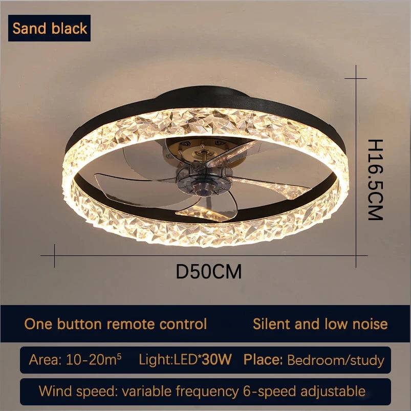 Modern Crystal Led Ceiling Fan Low Noise Lamps for Living Dining Table Room Bedroom Home Decoration Remote Control Light Fixture