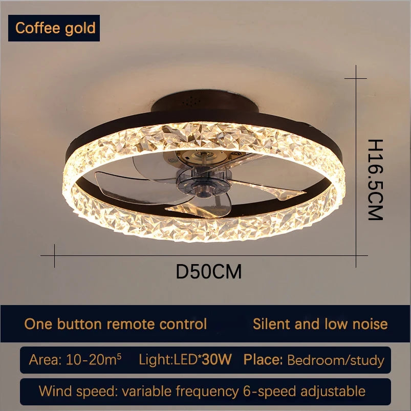 Modern Crystal Led Ceiling Fan Low Noise Lamps for Living Dining Table Room Bedroom Home Decoration Remote Control Light Fixture