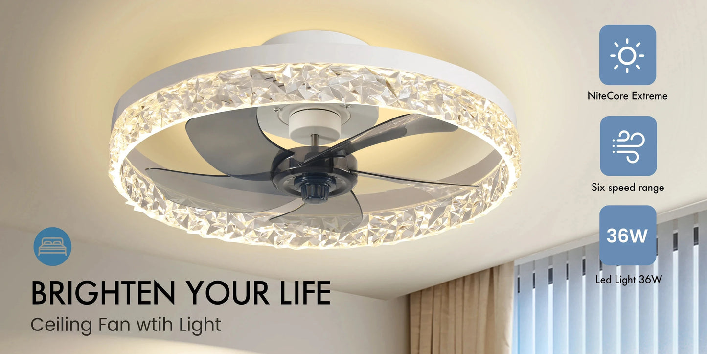 Modern Crystal Led Ceiling Fan Low Noise Lamps for Living Dining Table Room Bedroom Home Decoration Remote Control Light Fixture
