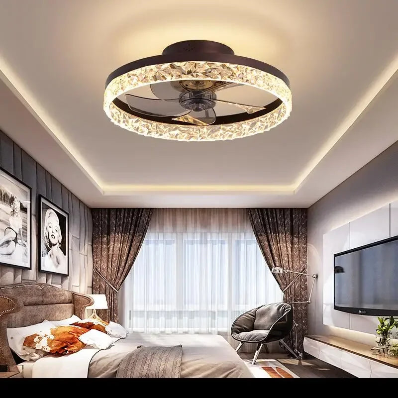 Modern Crystal Led Ceiling Fan Low Noise Lamps for Living Dining Table Room Bedroom Home Decoration Remote Control Light Fixture