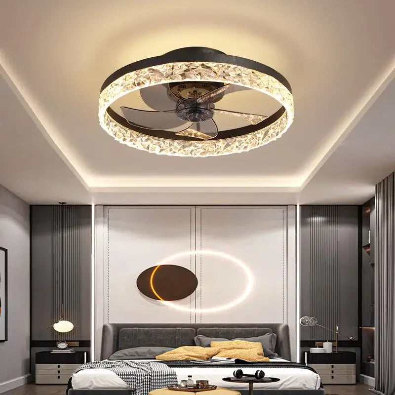 Modern Crystal Led Ceiling Fan Low Noise Lamps for Living Dining Table Room Bedroom Home Decoration Remote Control Light Fixture