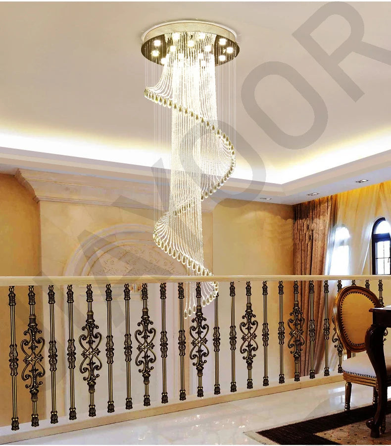 New Round Duplex Staircase Rotating Chandelier Modern Minimalist Villa Luxury Hotel Hollowed Out Long Crystal Lamp