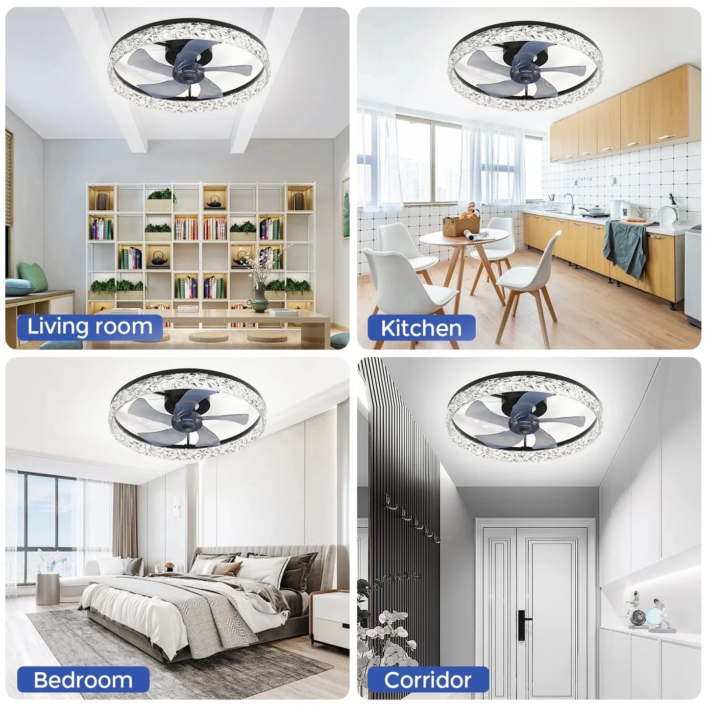 Modern Crystal Led Ceiling Fan Low Noise Lamps for Living Dining Table Room Bedroom Home Decoration Remote Control Light Fixture