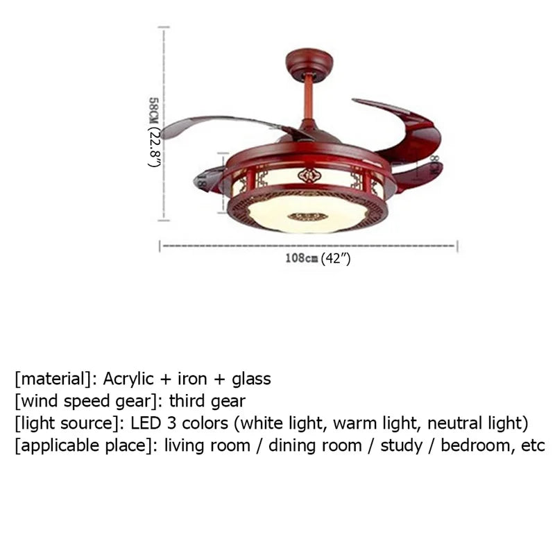 DLMH Ceiling Fan Light Invisible Lamp With Remote Control Modern Red Elegance For Home Restaurant Dining Room