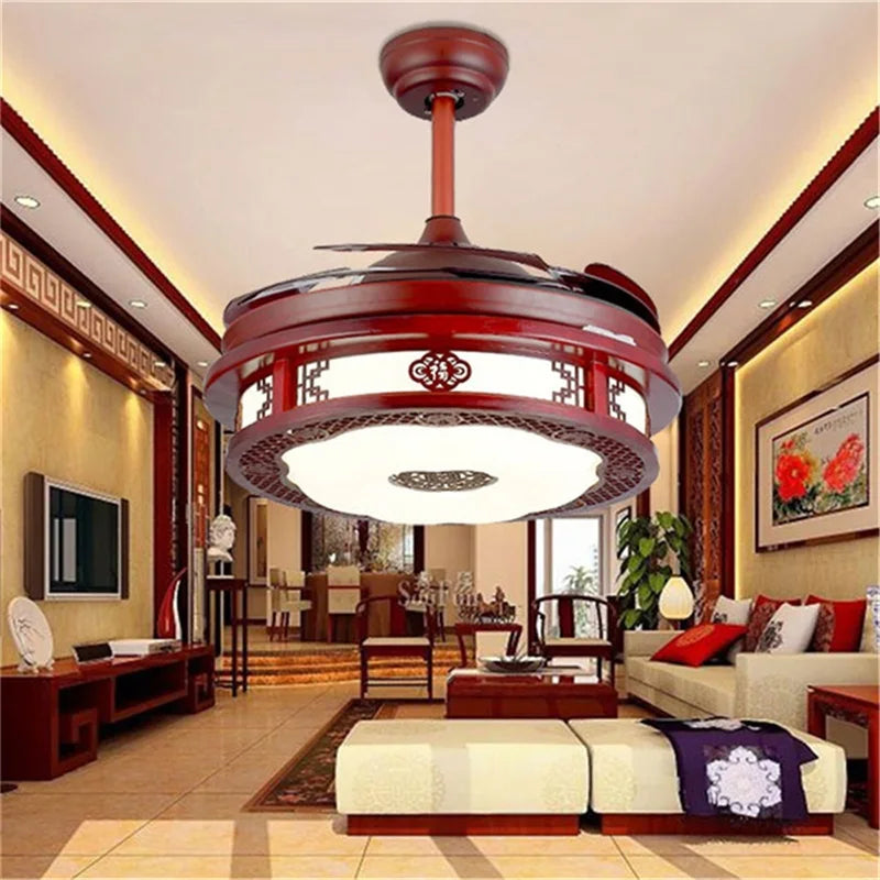 DLMH Ceiling Fan Light Invisible Lamp With Remote Control Modern Red Elegance For Home Restaurant Dining Room