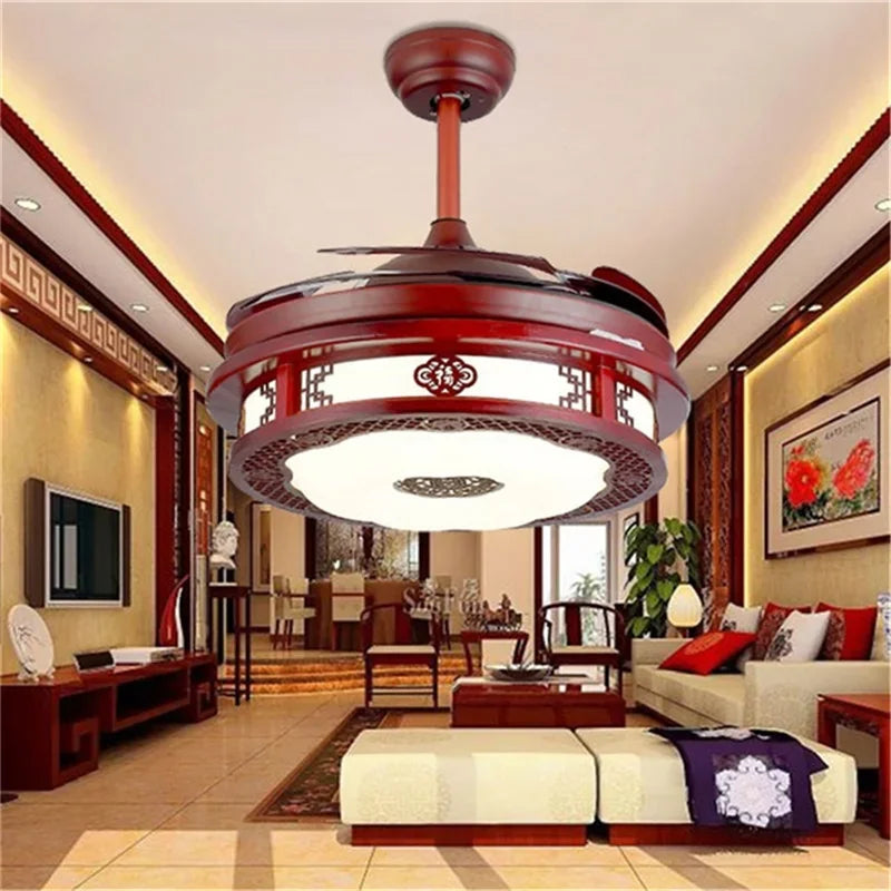 DLMH Ceiling Fan Light Invisible Lamp With Remote Control Modern Red Elegance For Home Restaurant Dining Room