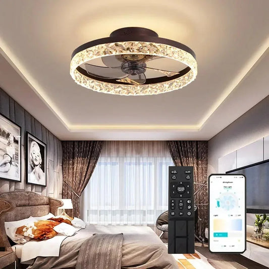 Modern Crystal Led Ceiling Fan Low Noise Lamps for Living Dining Table Room Bedroom Home Decoration Remote Control Light Fixture