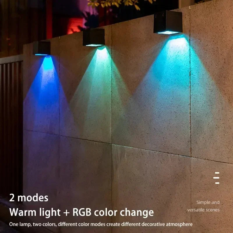 Outdoor Solar Wall Light 2 Lighting Modes Warm White/RGB Square Modern Solar Lights for House Porch Garden Patio Fence Decor