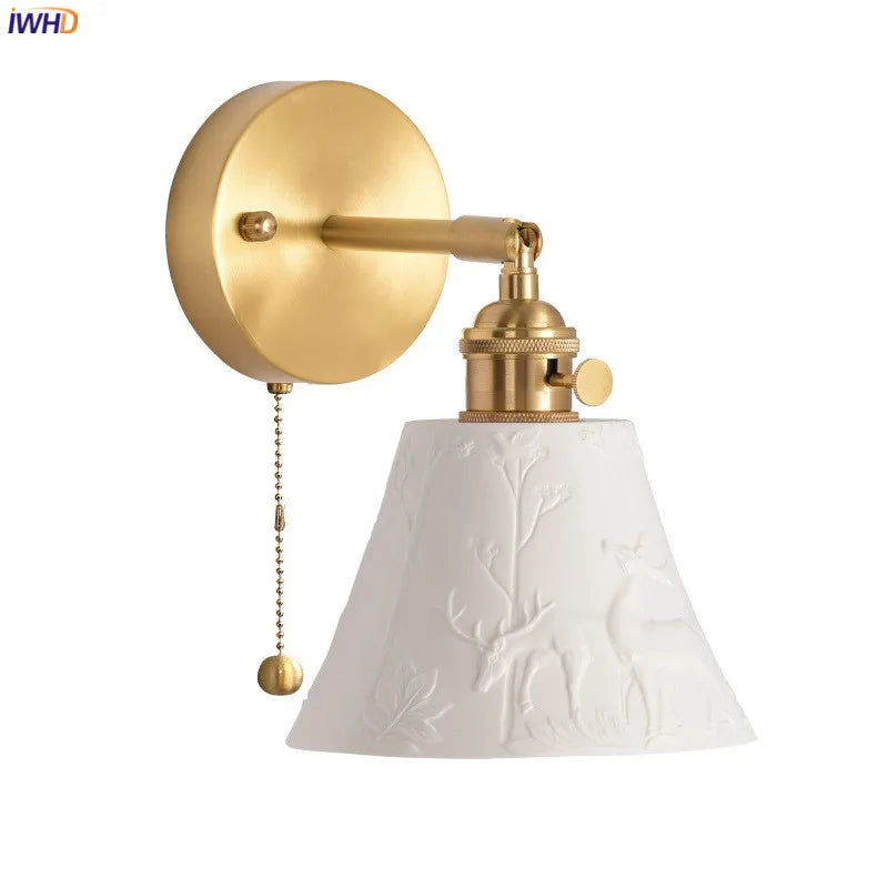 Elk Ceramic Lampshade LED Wall Lamps Sconce Copper Pull Chain Bedroom Bathroom Mirror Light Nordic Modern Lighting Lampara Pared