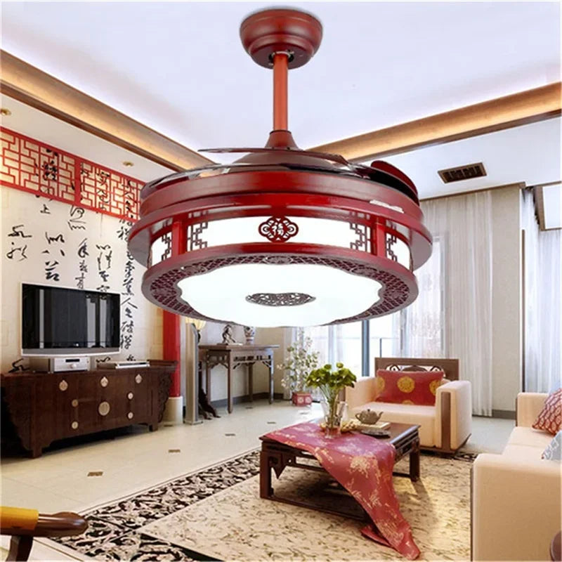 DLMH Ceiling Fan Light Invisible Lamp With Remote Control Modern Red Elegance For Home Restaurant Dining Room